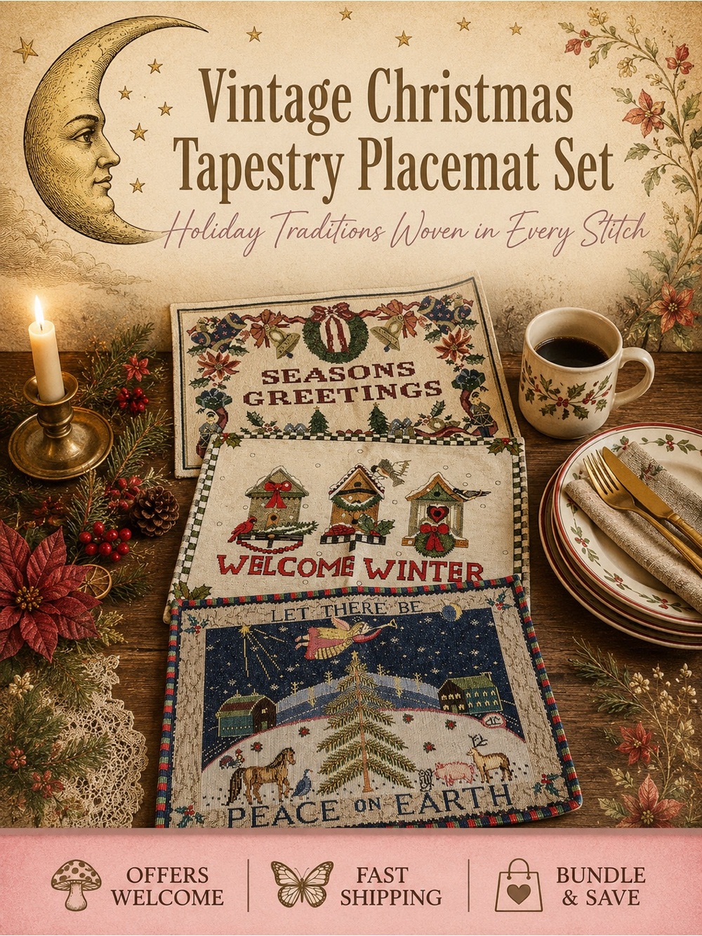 Vintage Christmas Tapestry Placemat Set 4 Seasons Greetings Holiday Decor
